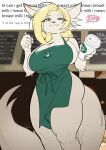  anthro apron apron_only big_breasts blonde_hair breasts canid cleavage clothed clothing english_text female green_apron hair i_mean_breast_milk kittell_(artist) mammal meme mostly_nude solo starbucks text wide_hips 