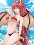  2021 animal_humanoid bikini black_bikini black_clothing black_swimwear blue_sky breasts clothed clothing cloud day dragon dragon_humanoid female hair hand_behind_head hi_res horn horned_humanoid humanoid humanoid_pointy_ears membrane_(anatomy) membranous_wings navel open_mouth outside pose red_bikini red_body red_hair red_scales scales scalie scalie_humanoid skimpy sky solo swimwear takoyuui teeth tongue winged_humanoid wings zentreya 