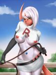  absol anthro anthrofied bottomwear breasts clothing cosplay female hi_res midriff navel navel_piercing nintendo nipples piercing pok&eacute;mon pok&eacute;mon_(species) pok&eacute;morph rose_duskclaw shiny_pok&eacute;mon skirt solo team_rocket tipsycanvas video_games whip 