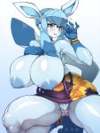  anthro anthrofied areola armpit_hair big_areola big_breasts blue_body blue_fur body_hair breasts censored clothing crouching digital_media_(artwork) dress eeveelution eyewear female fur genitals glaceon glasses heterochromia hi_res huge_breasts kemono looking_at_viewer nintendo nipples pok&eacute;mon pok&eacute;mon_(species) pok&eacute;morph pubes pussy shaded simple_background smile solo tanaka_kusao video_games 
