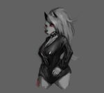  anthro breasts canid canid_demon cleavage clothed clothing collar demon female grey_body hair hellhound helluva_boss long_hair long_sleeves loona_(helluva_boss) mammal red_sclera simple_background solo spiked_collar spikes standing tenacitrus 