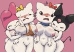  2021 aeonspassed anthro areola asymmetrical_breast_frottage blush breast_squish breasts breasts_frottage clothing demon digital_media_(artwork) domestic_cat eyes_closed felid feline felis female female/female fingers group hello_kitty_(character) hello_kitty_(series) kuromi lagomorph leporid mammal mimmy_white my_melody navel nipples onegai_my_melody open_mouth rabbit sanrio simple_background smile squish 