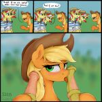  1:1 2021 absurd_res animal_genitalia animal_penis applejack_(mlp) blush brother brothers clothing dialogue disembodied_penis dosh earth_pony english_text equid equine equine_penis eyelashes facial_hair female feral flam_(mlp) flim_(mlp) friendship_is_magic genitals green_eyes grin group hasbro hat headgear headwear hi_res horn horse licking looking_at_viewer male mammal medial_ring mustache my_little_pony oral penile penis penis_lick pony sex sibling smile text tongue tongue_out unicorn vein 
