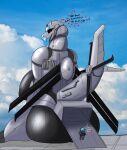  aircraft airplane armor big_breasts big_butt black_sclera breasts butt clothing cloudscape dialogue duo english_text female hi_res huge_breasts huge_butt humanoid hyper hyper_breasts living_aircraft living_machine living_vehicle looking_at_viewer looking_back machine mammal not_furry outside robot sky soldier text thick_thighs vehicle vf-01s warrior wide_hips 