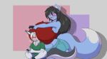  anthro big_breasts big_tail black_hair blue_body blue_fur bottomwear breast_squish breasts canid canine canis clothing controller duo female fox fur game_controller gaming green_clothing green_shirt green_topwear hair head_between_breasts huge_breasts long_hair long_tail male male/female mammal mastergodai midriff neck_tuft playing_videogame playstation playstation_4 playstation_controller purple_eyes shaze shirt shorts simple_background sitting size_difference sony_corporation sony_interactive_entertainment squish surprise tank_top topwear tuft video_games white_body white_eyes white_fur white_hair wolf 