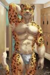  abs anthro armpit_hair body_hair bulge claws clothing digital_media_(artwork) felid green_eyes grin hand_behind_head hi_res juiceps leopard male mammal muscular muscular_anthro muscular_male nipples pantherine paws portrait shaded smile solo teeth_showing underwear 