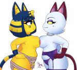  2020 absurd_res animal_crossing ankha_(animal_crossing) anthro bare_breasts belly big_breasts breast_squish breasts breasts_frottage clothed clothing domestic_cat drshyguydraws duo felid feline felis female frown garter_belt garter_straps hand_on_hip hi_res legwear mammal nintendo olivia_(animal_crossing) panties simple_background smile smirk squish stockings topless underwear video_games white_background 