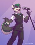  2021 anthro black_body black_fur bow_tie canid canine canis clothing fur green_body green_eyes green_fur green_hair hair hi_res male mammal microphone open_mouth simple_background solo thesecretcave topwear vest white_body white_fur wolf 