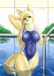  2020 anthro big_breasts black_nose blonde_hair breasts canid clothing female fur hair hand_behind_head hi_res long_hair mammal one-piece_swimsuit smile solo swimwear treyer water wet window yellow_body yellow_fur 