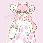 &lt;3 1:1 anthro big_breasts bovid bovine breasts broad_shoulders cattle collarbone curvy_figure female fluffy fluffy_ears fluffy_hair hair hi_res hooves horn hourglass_figure komiko komikoe mammal markings nipples pink_body pink_eyes pink_hair pink_nose round_nose side_eye simple_background smile snout solo spots spotted_markings 