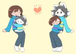  4_ears anthro barefoot black_eyes blush brown_hair canid canine clothed clothing eye_through_hair eyebrow_through_hair eyebrows feet felid feline footwear fur grey_hair hair human mammal multi_ear open_mouth pattern_clothing paws protagonist_(undertale) simple_background smile socks striped_clothing stripes tampo_desu tem temmie_(undertale) topwear translucent translucent_hair undertale undertale_(series) video_games white_body white_fur 