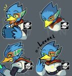 angry anthro armor avian beak berdly bird blue_body blue_feathers bodily_fluids bust_portrait deltarune english_text feathers happy holding_object holding_plushie laugh male multiple_poses narrowed_eyes plushie pontata portrait pose scouter simple_background smile smug solo sprite sweat sweatdrop text tongue undertale_(series) video_games wings yellow_beak 