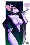  2021 anthro big_breasts black_hair breasts buckteeth ear_piercing female hair hand_on_hip hi_res holding_pipe looking_at_viewer mammal murid murine open_mouth piercing pink_nose rat rodent rubbermage solo teeth 
