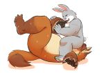  2021 absurd_res anthro aotoaka belly bodily_fluids canid canine disney duo facesitting feet foot_fetish fox gideon_grey grey_body hi_res humanoid_hands lagomorph leporid male mammal one_eye_closed orange_body overweight overweight_male rabbit simple_background sitting sweat white_background zootopia 