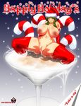  1girl breasts candy candy_cane christmas cyberunique green_eyes green_hair hat highres huge_breasts long_hair martini_glass naked_thighhighs nipples nude pointy_ears pussy pussy_juice red_legwear solo spread_legs sweat thighhighs uncensored watermark web_address 