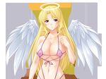  bikini blonde_hair bosei_tenshi_aisias:_owarinaki_haramase_rinkan_no_akumu breasts erect_nipples halo large_breasts long_hair micro_bikini purple_eyes rakujin sling_bikini string_bikini swimsuit wings 