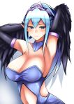  1girl armpits arms_up bare_shoulders black_wings blush breasts character_request cleavage closed_mouth commentary_request dial16yoi feathered_wings half-closed_eyes large_breasts light_blue_eyes light_blue_hair long_hair looking_at_viewer navel pointy_ears sagging_breasts shiny shiny_hair solo stomach_cutout tsurime upper_body wavy_mouth wings yu-gi-oh! 