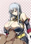  bare_shoulders blush breast_smother breasts buta cleavage huge_breasts pantyhose red_eyes selvaria_bles senjou_no_valkyria senjou_no_valkyria_1 silver_hair smother solo_focus suggestive_fluid 