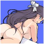  ass black_hair blue_background blue_eyes breast_rest breasts copyright_request dutch_angle from_behind large_breasts long_hair looking_back lowres nude oekaki one-piece_tan sanemichi_hajime sideways_mouth smile solo tan tanline underboob 