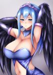  1girl :o armpits arms_up bare_shoulders black_wings blush breasts character_request cleavage commentary_request dial16yoi feathered_wings half-closed_eyes large_breasts light_blue_eyes light_blue_hair long_hair looking_at_viewer navel pointy_ears sagging_breasts shiny shiny_hair solo stomach_cutout tsurime upper_body wings yu-gi-oh! 