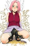  bike_shorts bobobo green_eyes haruno_sakura naruto_(series) naruto_shippuuden pee peeing pink_hair sandals short_hair solo squatting sweat translation_request vest zipper 