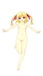  1girl armpits barefoot beatmania beatmania_iidx blonde_hair blush braid braids collarbone feet flat_chest full_body gynomorphous hair_ribbon highres hips kinoshita_ichi leg_lift legs long_hair looking_at_viewer mound_of_venus navel nipples no_pussy novagina nude omitted_bits outstretched_arms red_eyes ribbon simple_background smile solo spread_arms standing_on_one_leg toes twin_braids twintails xia xiatian_(beatmania_iidx) 