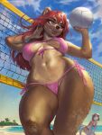  3:4 anthro ball beach bikini breasts brown_body brown_fur brown_hair camel_toe clothing digital_media_(artwork) duo female fur hair levelviolet mammal multicolored_body multicolored_fur opal_(jellydoeopal) open_mouth red_hair sand seaside shaded side-tie_bikini solo_focus sport swimwear thick_thighs two_tone_body two_tone_fur ursid volleyball volleyball_(ball) volleyball_net wide_hips 