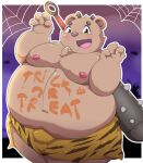  2021 anthro balls_outline belly blush brown_body bulge clothing genital_outline halloween halloween_costume hi_res holidays humanoid_hands inigo_(kusosensei) kemono kusosensei male mammal moobs navel nipples obese obese_male overweight overweight_male penis_outline solo underwear ursid weapon 