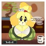  1:1 absurd_res animal_crossing anthro big_breasts blonde_hair breast_expansion breast_rest breasts canid canine canis cleavage clothed clothing domestic_dog ep777 expansion female fur hair hi_res huge_breasts isabelle_(animal_crossing) mammal nintendo shih_tzu solo straining_buttons toy_dog video_games yellow_body yellow_fur 