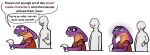  2021 anon anthro clock clothed clothing cobra comic dialogue duo english_text female hi_res holding_object holding_paper human humor impossible keeshee male mammal ncs paper purple_body reptile scalie signature simple_background snake snake_hood speech_bubble spots text the_truth watch white_background 
