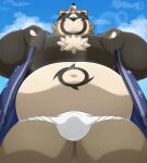  2021 anthro asian_clothing belly black_nose brown_body brown_fur bulge canid canine clothing cloud east_asian_clothing fundoshi fur hi_res humanoid_hands japanese_clothing kemono lifewonders live-a-hero male mammal moobs navel nisikemo outside overweight overweight_male raccoon_dog shoen solo tanuki underwear video_games white_clothing white_fundoshi white_underwear 