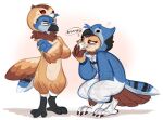  2021 angry avian bird blue_jay corvid crouching duo female hi_res james(bluepegasi) jay_(bird) laugh male male/female masked_owl miya(bluepegasi) new_world_jay onesie orlandofox oscine owl passerine tytonid 