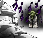  alien alien_humanoid black_eyes clothing duo goblin_slayer goblin_slayer_(character) green_body green_skin grey_clothing grey_robe humanoid humanoid_pointy_ears japanese_text looking_at_another monotone_body monotone_skin narrowed_eyes not_furry purple_text shoujodon standing star_wars text yoda yoda&#039;s_species 
