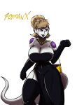  2019 4:5 absurd_res alien armwear artist_name big_breasts blonde_hair breasts cleavage clothed clothing crossgender curvy_figure digital_media_(artwork) dragon_ball dragon_ball_z dress ear_piercing ear_ring elbow_gloves eyelashes female fingers frieza frieza_race gloves hair handwear hi_res hourglass_figure huge_breasts humanoid jewelry lips looking_aside mtf_crossgender multicolored_body multicolored_skin necklace not_furry piercing purple_body purple_skin purse red_eyes roymanx simple_background solo standing thick_thighs voluptuous white_background white_body white_skin wide_hips 