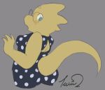  alphys anthro big_butt blue_eyes blush breasts butt claws clothing dress female lizard non-mammal_breasts pattern_clothing pattern_dress raised_tail reptile scales scalie signature simple_background slightly_chubby solo spots spotted_clothing spotted_dress surprise teeveeomegas thick_tail tight_dress undertale undertale_(series) video_games yellow_body yellow_scales 