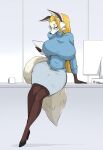  anthro big_breasts blonde_hair bottomwear breasts canid canine clothed clothing computer eyewear female fur glasses hair huge_breasts jludragoon mammal skirt solo white_body white_fur wide_hips 