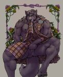  2021 abs anthro anus balls biceps blue_eyes brown_drawing_kuma butt canid canine canis chest_tuft claws clothed clothing clothing_lift digital_media_(artwork) ear_tuft erection fangs floral_background foreskin front_view fur genitals grey_body grey_fur grey_hair hair hi_res humanoid_genitalia humanoid_penis kilt magnus_(wolfstar) male mammal muscular muscular_anthro muscular_male neck_tuft nipples pecs penis perineum presenting presenting_balls presenting_penis pubes quads retracted_foreskin sharp_teeth simple_background sitting solo tail_tuft teeth toe_claws triceps tuft wolf 