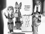  2021 anthro belt bottomwear canid canine carrot_pen clothing creating_art disney duo_focus female fox group hat headgear headwear hi_res holding_object inktober inktober_2021 judy_hopps judyhopps44 lagomorph leporid light lighting male mammal monochrome necktie nick_wilde notebook pants police_uniform rabbit red_fox shaded shirt standing toeless_legwear topwear trio uniform zootopia 