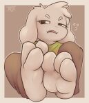  3_toes annoyed anthro asriel_dreemurr barefoot boss_monster bovid caprine clothed clothing digital_media_(artwork) feet foot_focus fur hi_res joooji long_ears looking_at_viewer male mammal open_mouth paws simple_background sitting soles solo toes undertale undertale_(series) video_games young 