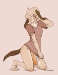  anthro big_penis blush bottomless canid canine caninelove canis clothed clothing digital_media_(artwork) domestic_dog floppy_ears freckles_(kurenaikyora) genitals girly hi_res humanoid_genitalia humanoid_penis male mammal penis shaded shame shirt solo topwear 