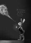  2021 absurd_res anthro bottomwear clothed clothing disney female fire fully_clothed hi_res holding_object inktober inktober_2021 judy_hopps judyhopps44 lagomorph leporid mammal monochrome rabbit shirt shorts smoke solo standing tank_top topwear zootopia 
