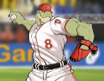  absurd_res anthro ball baseball_(ball) baseball_cap baseball_glove baseball_uniform clothing darknaigart dinosaur facial_hair green_body hat headgear headwear hi_res jace_(darknaig) male muscular muscular_anthro muscular_male reptile scalie solo sportswear theropod tyrannosaurid tyrannosaurus tyrannosaurus_rex uniform white_clothing 