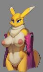  anthro areola armwear bandai_namco big_breasts blue_eyes breasts bridal_gauntlets clothing digimon digimon_(species) eyelashes female fur genitals grey_background mostly_nude multicolored_body multicolored_fur nipples pussy renamon simple_background solo standing tan_body tan_fur tenacitrus two_tone_body two_tone_fur wide_hips yellow_body yellow_fur yin_yang 