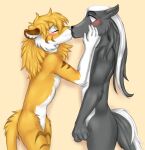  absurd_res alpha_(character) ambiguous_gender anthro black_body black_fur digital_media_(artwork) facing_partner felid female fur grabbing_head hair hi_res hybrid kissing liger lion male mammal mane mephitid pantherine ponytail skunk stripes tass_(tassy) white_body white_fur yellow_body yellow_fur 