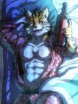  3:4 abs anthro bare_chest bed bedding blanket bottle felid fruitz fur furniture hi_res leopard lifewonders looking_at_viewer male mammal muscular muscular_anthro muscular_male nipples on_bed ose_(tas) pantherine pecs pillow smile solo spots spotted_body spotted_fur tokyo_afterschool_summoners under_covers video_games 