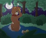  anthro balls bathing blonde_hair brown_body brown_fur butt chimerastories fur genitals girly grass green_eyes hair hi_res lagomorph looking_at_viewer looking_back male mammal moon nude outside plant pond pooka prayer_beads shrub solo star tan_body tan_fur tree water 