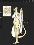  3:4 anonymous_artist anthro big_breasts blonde_hair breasts dragon female genitals hair hi_res membrane_(anatomy) membranous_wings nipples nude pussy solo unfinished white_body white_membrane white_wings wings yellow_body yellow_wings 