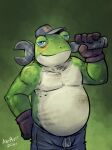  2021 amphibian anthro biped blue_clothing blue_eyes blue_underwear blush boxers_(clothing) brown_clothing brown_gloves brown_handwear clothed clothing frog gloves green_background green_body green_skin hand_on_hip handwear hat headgear headwear hi_res holding_object holding_tool holding_wrench k-9 male mechanic multicolored_body multicolored_skin nintendo oil overweight overweight_anthro overweight_male signature simple_background slippy_toad smile solo standing star_fox tools topless topless_anthro topless_male two_tone_body two_tone_skin underwear video_games white_body white_skin wrench 
