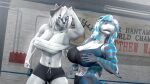 16:9 3d_(artwork) 4k absurd_res anthro breasts canid canine canis digital_media_(artwork) duo fan_character female fight fish hi_res horn ludexus mammal marine muscular muscular_anthro muscular_female navik_gundyr_(ludexus) nika_sharkeh ring shark under_boob wet wet_body widescreen wolf 