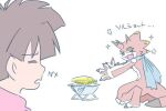  3:2 anthro ashcozy bandai_namco betelgammamon cooking corn digimon digimon_(species) digimon_ghost_game duo food hiro_amanokawa horn human humor japanese_text low_res male mammal plant red_body scarf text 